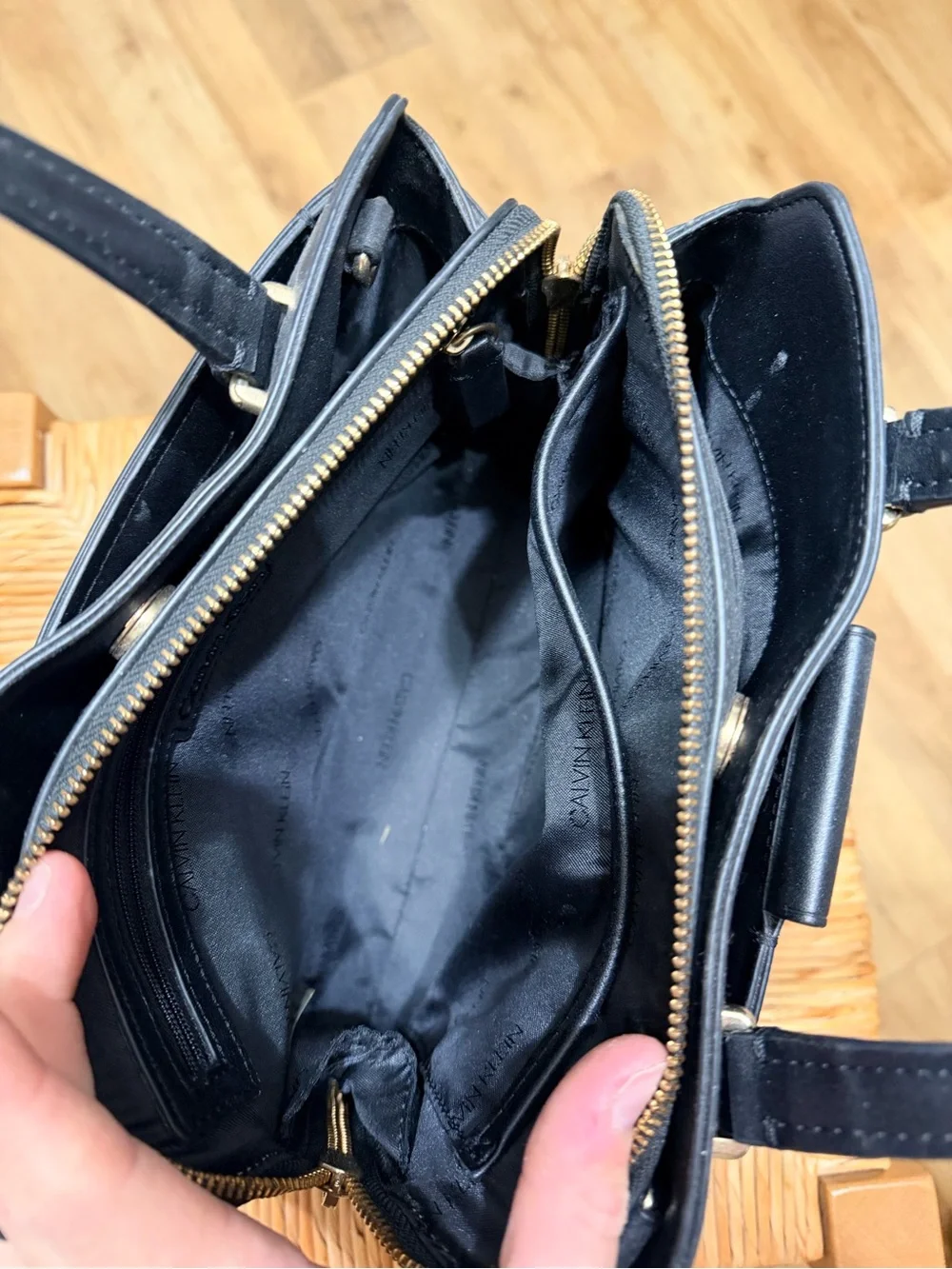 Calvin Klein Black Leather Top-Handle Satchel with Gold Plaque